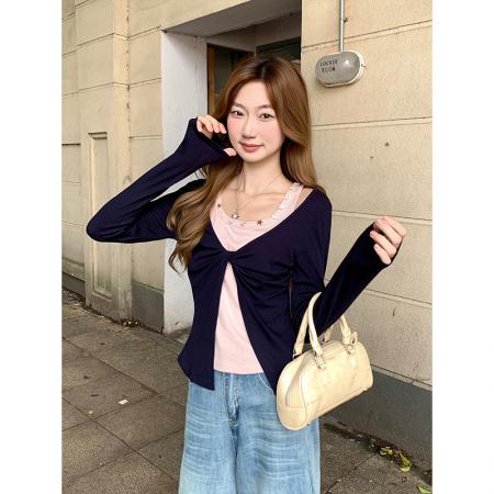 FA40605# 复古拼接撞色假两件长袖t恤女初秋新款别致修身显瘦气质上衣 服裝批發女裝批發服飾貨源