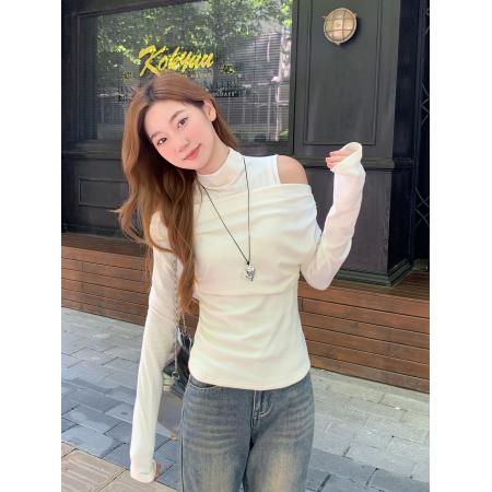 FA40606# 半高领假两件长袖t恤女秋季新款纯欲风修身显瘦打底衫短上衣 服裝批發女裝批發服飾貨源