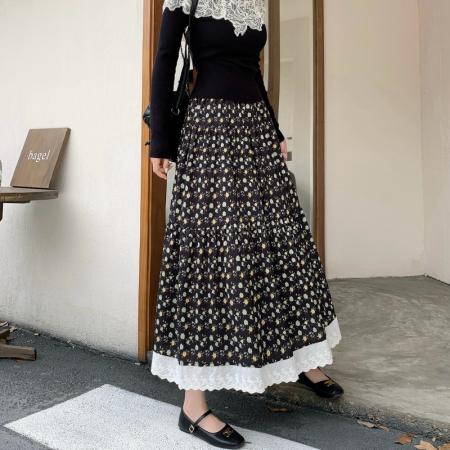 FA40607# 模特秋冬韩系风拼接碎花A字半身裙长款蕾丝花边摆碎花裙 服裝批發女裝批發服飾貨源