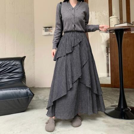 FA40611# 模特秋冬英伦风不规则格子半身裙多层拼接长A字格子裙 服裝批發女裝批發服飾貨源