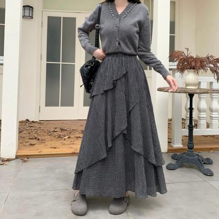 FA40611# 模特秋冬英伦风不规则格子半身裙多层拼接长A字格子裙 服裝批發女裝批發服飾貨源