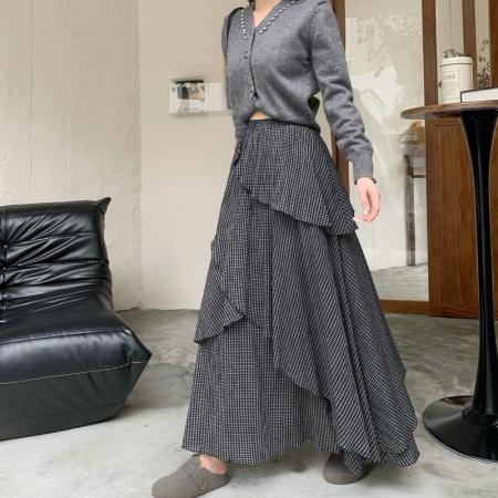 FA40611# 模特秋冬英伦风不规则格子半身裙多层拼接长A字格子裙 服裝批發女裝批發服飾貨源