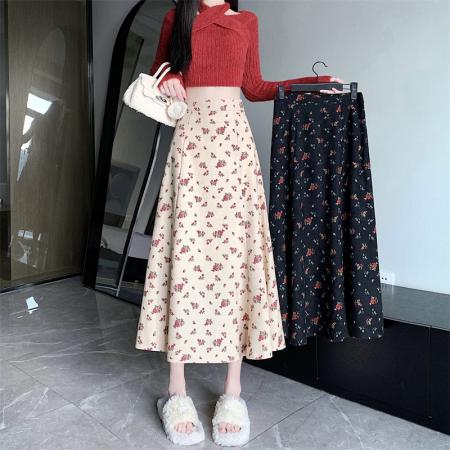 FA40612# 模特秋冬新款灯芯绒碎花半身裙高腰A字裙中长款淑女伞裙 服裝批發女裝批發服飾貨源