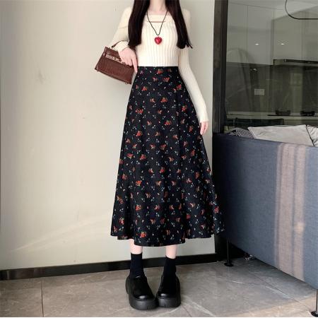 FA40612# 模特秋冬新款灯芯绒碎花半身裙高腰A字裙中长款淑女伞裙 服裝批發女裝批發服飾貨源