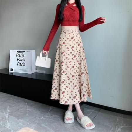 FA40612# 模特秋冬新款灯芯绒碎花半身裙高腰A字裙中长款淑女伞裙 服裝批發女裝批發服飾貨源