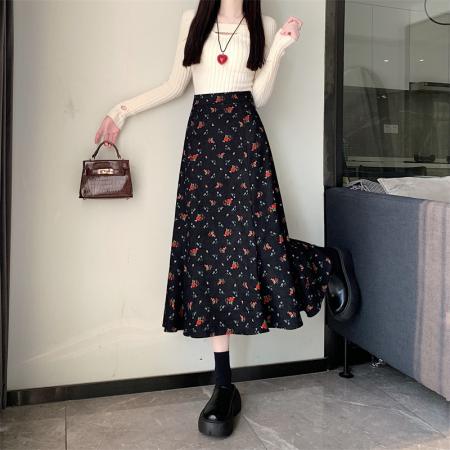 FA40612# 模特秋冬新款灯芯绒碎花半身裙高腰A字裙中长款淑女伞裙 服裝批發女裝批發服飾貨源