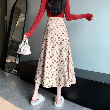 FA40612# 模特秋冬新款灯芯绒碎花半身裙高腰A字裙中长款淑女伞裙 服裝批發女裝批發服飾貨源