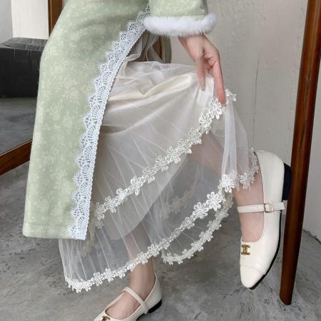 FA40613# 模特秋冬仙女蕾丝花边拼接网纱半身裙百褶网纱内搭半身裙 服裝批發女裝批發服飾貨源