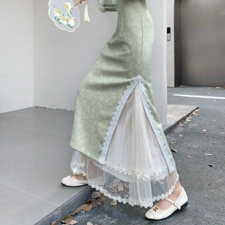 FA40613# 模特秋冬仙女蕾丝花边拼接网纱半身裙百褶网纱内搭半身裙 服裝批發女裝批發服飾貨源