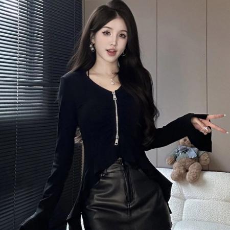 FA40616# 纯欲双拉链褶皱长袖T恤女秋季新款修身显瘦上衣打底衫 服裝批發女裝批發服飾貨源