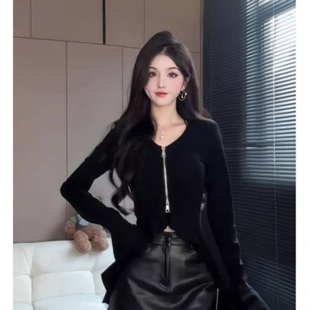 FA40616# 纯欲双拉链褶皱长袖T恤女秋季新款修身显瘦上衣打底衫 服裝批發女裝批發服飾貨源