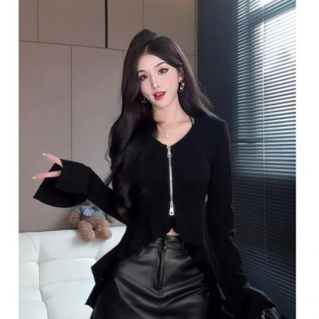 FA40616# 纯欲双拉链褶皱长袖T恤女秋季新款修身显瘦上衣打底衫 服裝批發女裝批發服飾貨源