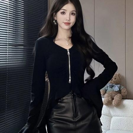 FA40616# 纯欲双拉链褶皱长袖T恤女秋季新款修身显瘦上衣打底衫 服裝批發女裝批發服飾貨源