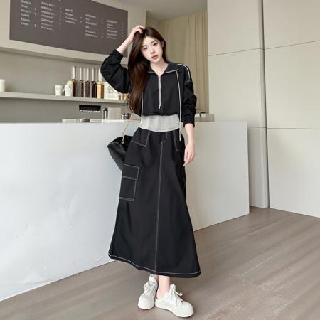 FA40621# ins时尚休闲韩系慵懒风假两件撞色立领套装裙女装新款秋 服裝批發女裝批發服飾貨源