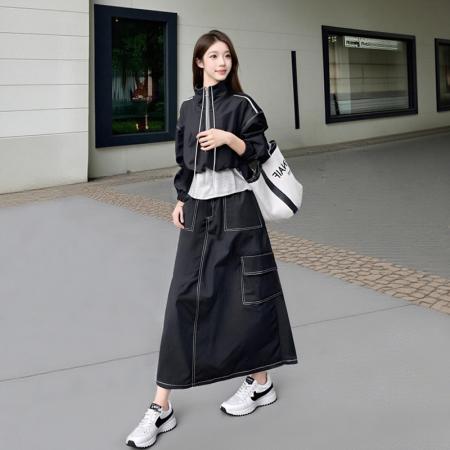 FA40621# ins时尚休闲韩系慵懒风假两件撞色立领套装裙女装新款秋 服裝批發女裝批發服飾貨源