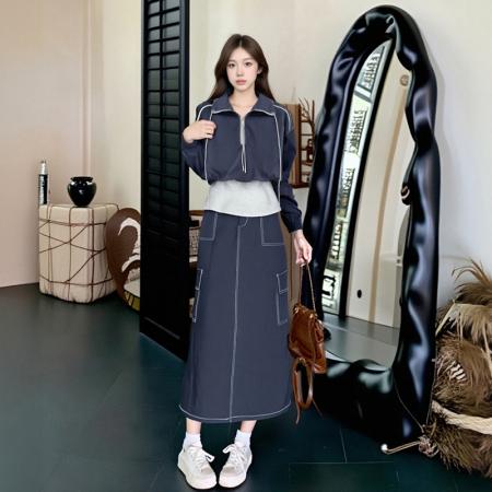 FA40621# ins时尚休闲韩系慵懒风假两件撞色立领套装裙女装新款秋 服裝批發女裝批發服飾貨源
