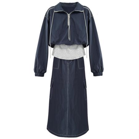 FA40621# ins时尚休闲韩系慵懒风假两件撞色立领套装裙女装新款秋 服裝批發女裝批發服飾貨源
