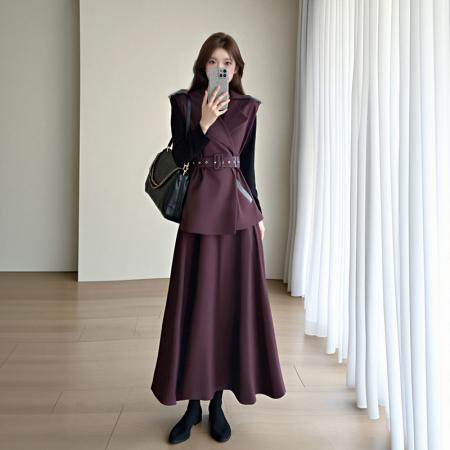 FA40623# 极简通勤老钱风收腰西装套装女秋时尚马甲半身裙三件套 服裝批發女裝批發服飾貨源