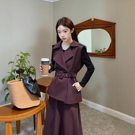 FA40623# 极简通勤老钱风收腰西装套装女秋时尚马甲半身裙三件套 服裝批發女裝批發服飾貨源