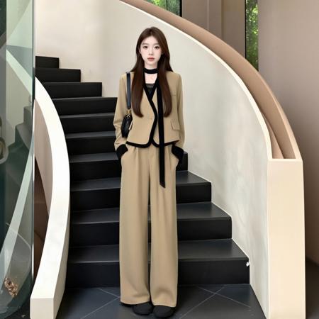 FA40624# 假两件撞色拼接V领西装短外套套装女时尚阔腿裤两件套秋 服裝批發女裝批發服飾貨源