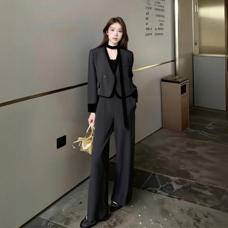 FA40624# 假两件撞色拼接V领西装短外套套装女时尚阔腿裤两件套秋 服裝批發女裝批發服飾貨源