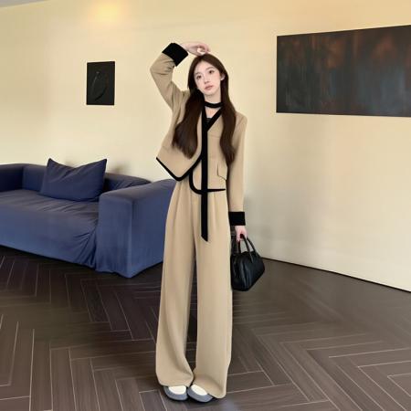 FA40624# 假两件撞色拼接V领西装短外套套装女时尚阔腿裤两件套秋 服裝批發女裝批發服飾貨源