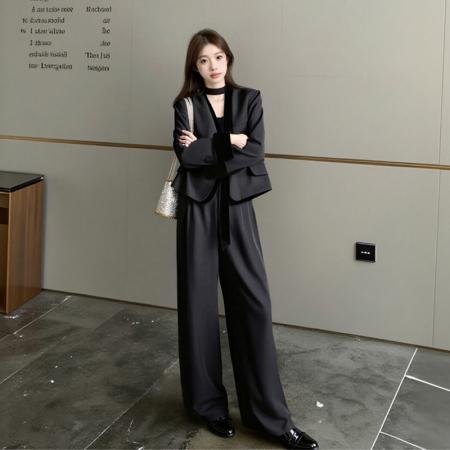 FA40624# 假两件撞色拼接V领西装短外套套装女时尚阔腿裤两件套秋 服裝批發女裝批發服飾貨源