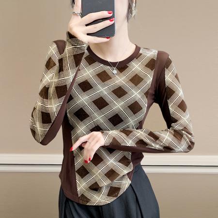 FA40627# 秋季格子拼接设计款修身时尚气质上衣女人味打底衫 服裝批發女裝批發服飾貨源