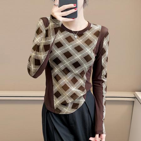 FA40627# 秋季格子拼接设计款修身时尚气质上衣女人味打底衫 服裝批發女裝批發服飾貨源