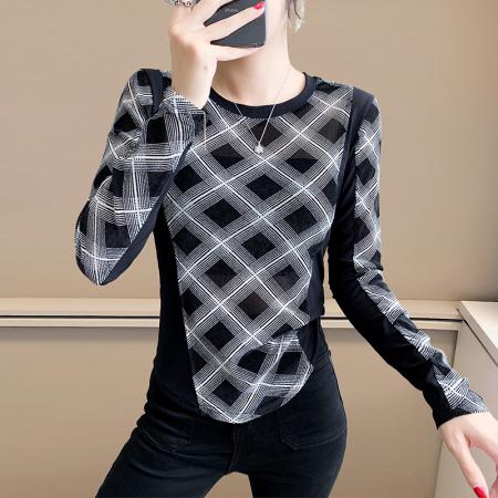 FA40627# 秋季格子拼接设计款修身时尚气质上衣女人味打底衫 服裝批發女裝批發服飾貨源