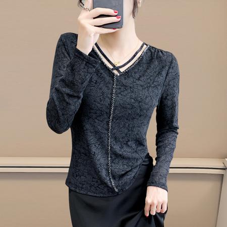 FA40630# 秋季新款网纱V领交叉时尚百搭显瘦长袖钉珠打底衫女潮 服裝批發女裝批發服飾貨源