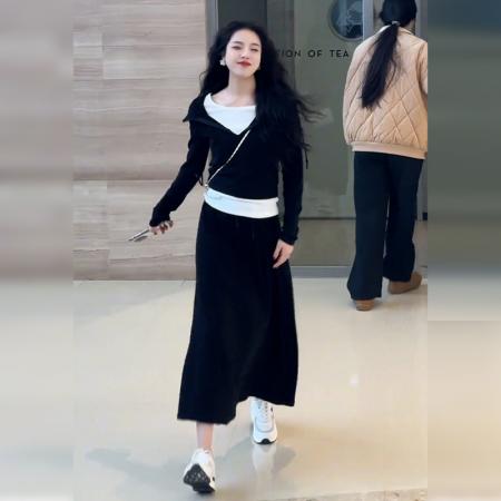 LN76279# 韩系穿搭黑色连衣裙设计感春季新款运动连帽外套半裙两件套装