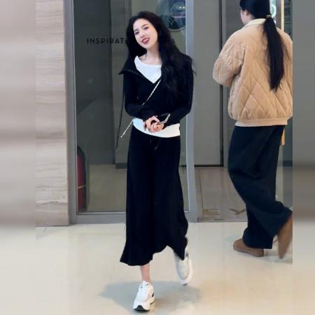 LN76279# 韩系穿搭黑色连衣裙设计感春季新款运动连帽外套半裙两件套装