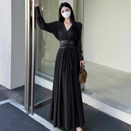 FA40641# 法式气质秋冬新款腰封系带收腰显瘦高级感V领大码连衣裙 服裝批發女裝批發服飾貨源