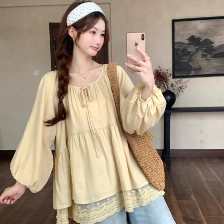 FA40642# 法式绑带圆领蕾丝花边宽松大码娃娃衫秋季新款显瘦上衣女 服裝批發女裝批發服飾貨源
