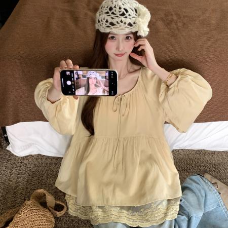 FA40642# 法式绑带圆领蕾丝花边宽松大码娃娃衫秋季新款显瘦上衣女 服裝批發女裝批發服飾貨源