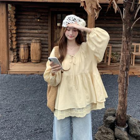 FA40642# 法式绑带圆领蕾丝花边宽松大码娃娃衫秋季新款显瘦上衣女 服裝批發女裝批發服飾貨源