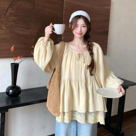 FA40642# 法式绑带圆领蕾丝花边宽松大码娃娃衫秋季新款显瘦上衣女 服裝批發女裝批發服飾貨源