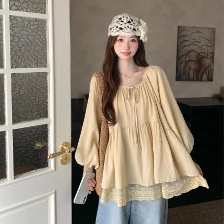 FA40642# 法式绑带圆领蕾丝花边宽松大码娃娃衫秋季新款显瘦上衣女 服裝批發女裝批發服飾貨源