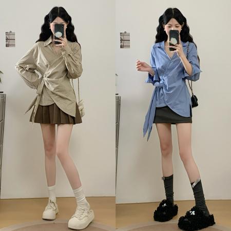 FA40643# 秋季新款法式翻领绑带收腰显瘦条纹长袖大码衬衫上衣女 服裝批發女裝批發服飾貨源