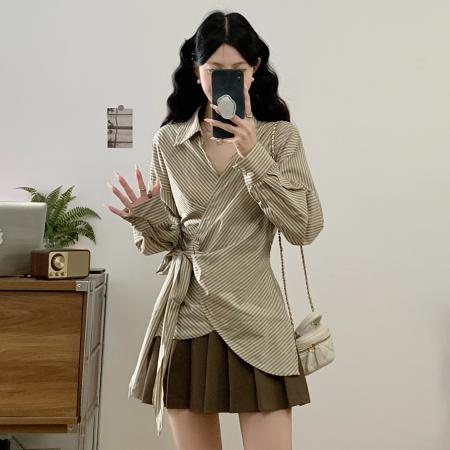 FA40643# 秋季新款法式翻领绑带收腰显瘦条纹长袖大码衬衫上衣女 服裝批發女裝批發服飾貨源