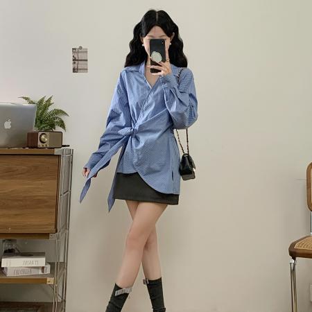 FA40643# 秋季新款法式翻领绑带收腰显瘦条纹长袖大码衬衫上衣女 服裝批發女裝批發服飾貨源