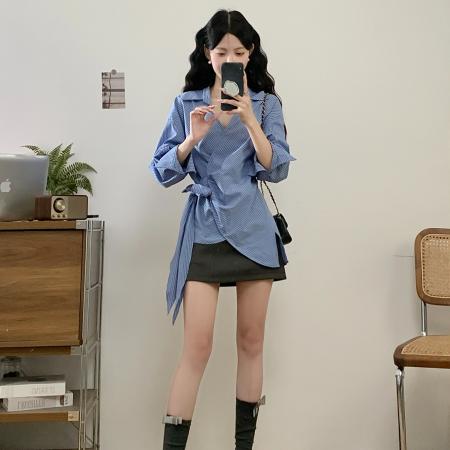 FA40643# 秋季新款法式翻领绑带收腰显瘦条纹长袖大码衬衫上衣女 服裝批發女裝批發服飾貨源