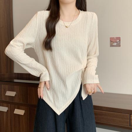 FA40647# 秋季新款胖mm大码设计感长袖T恤不规则收腰正肩打底上衣 服裝批發女裝批發服飾貨源