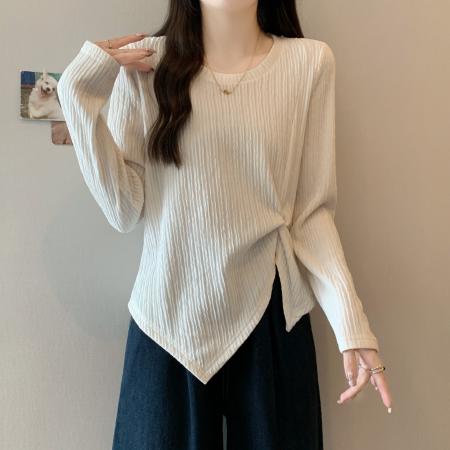 FA40647# 秋季新款胖mm大码设计感长袖T恤不规则收腰正肩打底上衣 服裝批發女裝批發服飾貨源