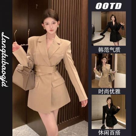 FA40651# 法式高端精致卡其色西装连衣裙女新款设计感收腰显瘦气质短裙 服裝批發女裝批發服飾貨源