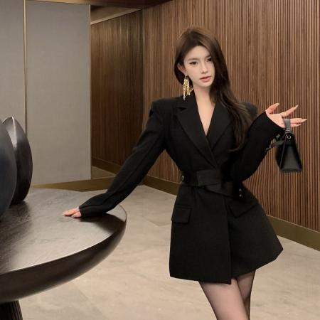 FA40651# 法式高端精致卡其色西装连衣裙女新款设计感收腰显瘦气质短裙 服裝批發女裝批發服飾貨源