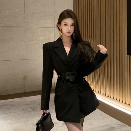 FA40651# 法式高端精致卡其色西装连衣裙女新款设计感收腰显瘦气质短裙 服裝批發女裝批發服飾貨源