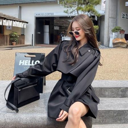 FA40653# 黑色短款风衣外套女新款春秋英伦风小个子高级感今年流行大衣 服裝批發女裝批發服飾貨源