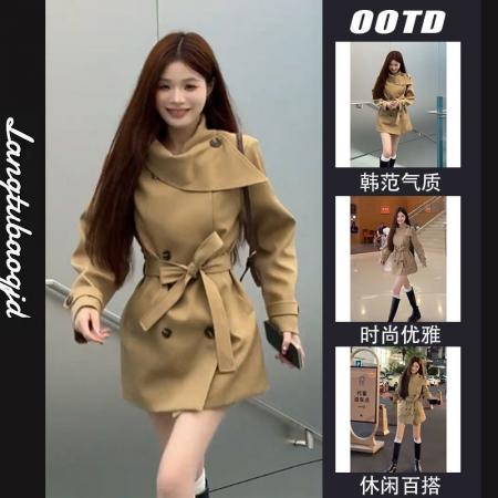 FA40656# 夏季百搭修身时尚感秋季新款英伦风双排扣韩版通勤风衣外套女 服裝批發女裝批發服飾貨源